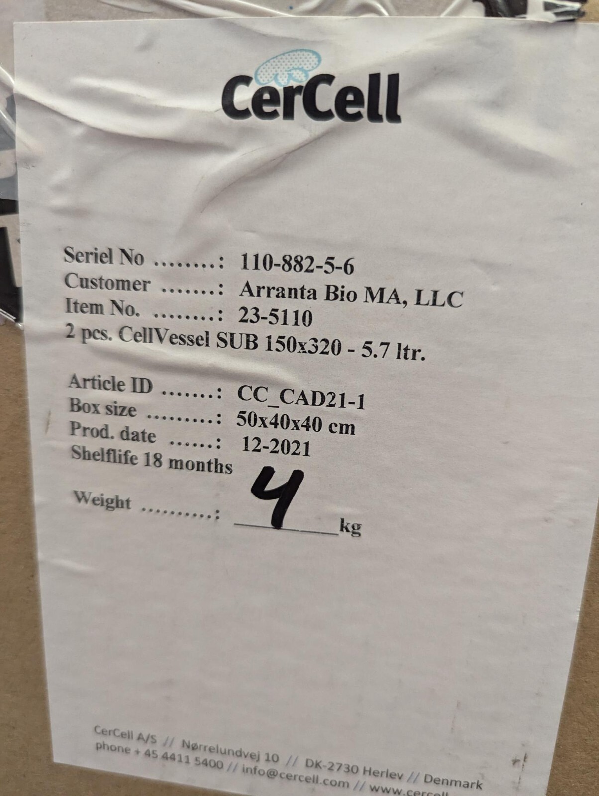 CerCell CellVessel Sub 150×320-5,7 liter Single- Use -Bioreactor 2/pack