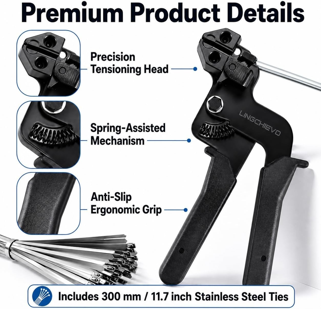 Heavy Duty Metal Zip Tie Gun Tool with 100 PCS 11.7 Stainless Steel Cable Ties