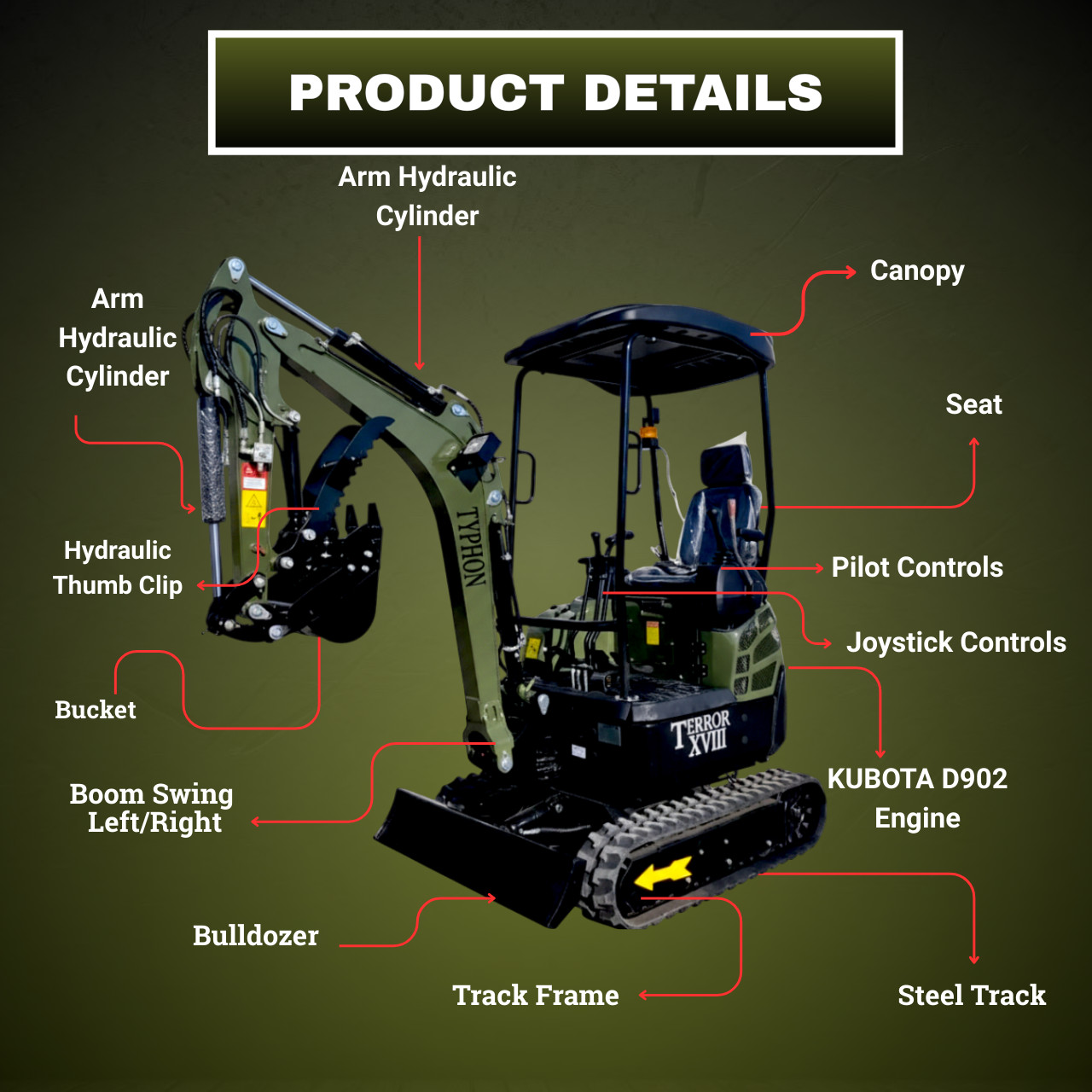 Free Ship TYPHON TERROR XVIII 4000lb Mini Excavator Kubota D902 w 13 Attachment