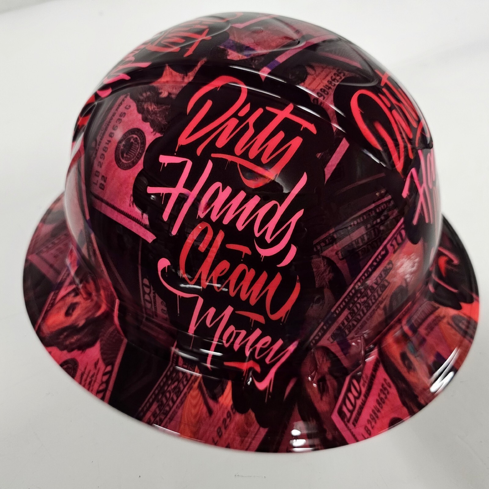 full brim hard hat custom hydro dipped IN HOT PINK DIRTY HANDS CLEAN MONEY WOMEN