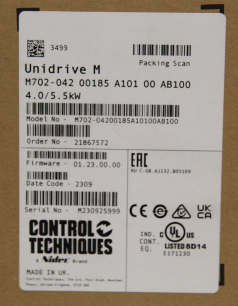 Nidec Control Techniques Unidrive M702-04200185A10100AB100 4.0/5.5kW No Display