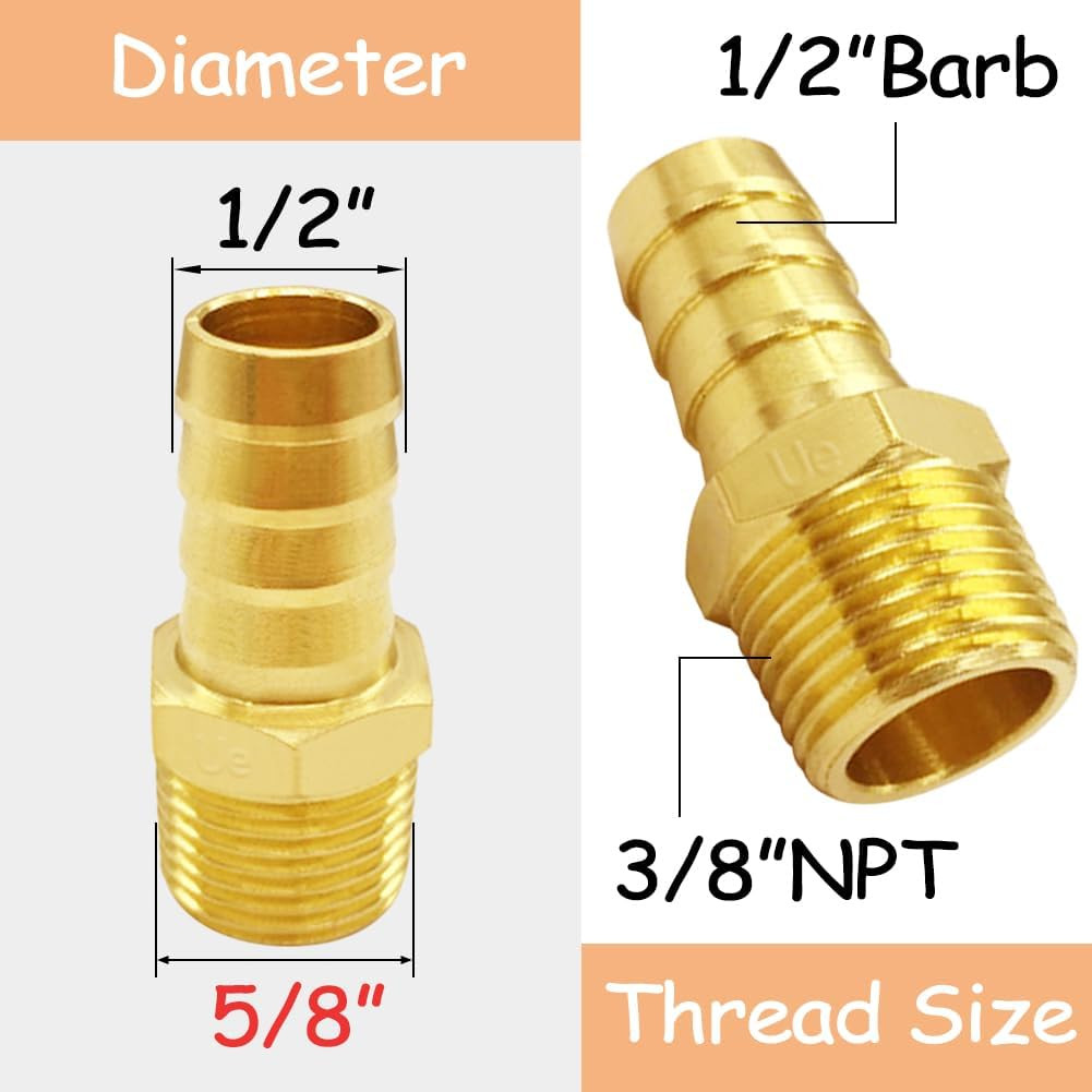 6PCS Brass Hose Barb Fittings 3/8″ NPT Male to 1/2″ Barb Adapter Connector Inclu