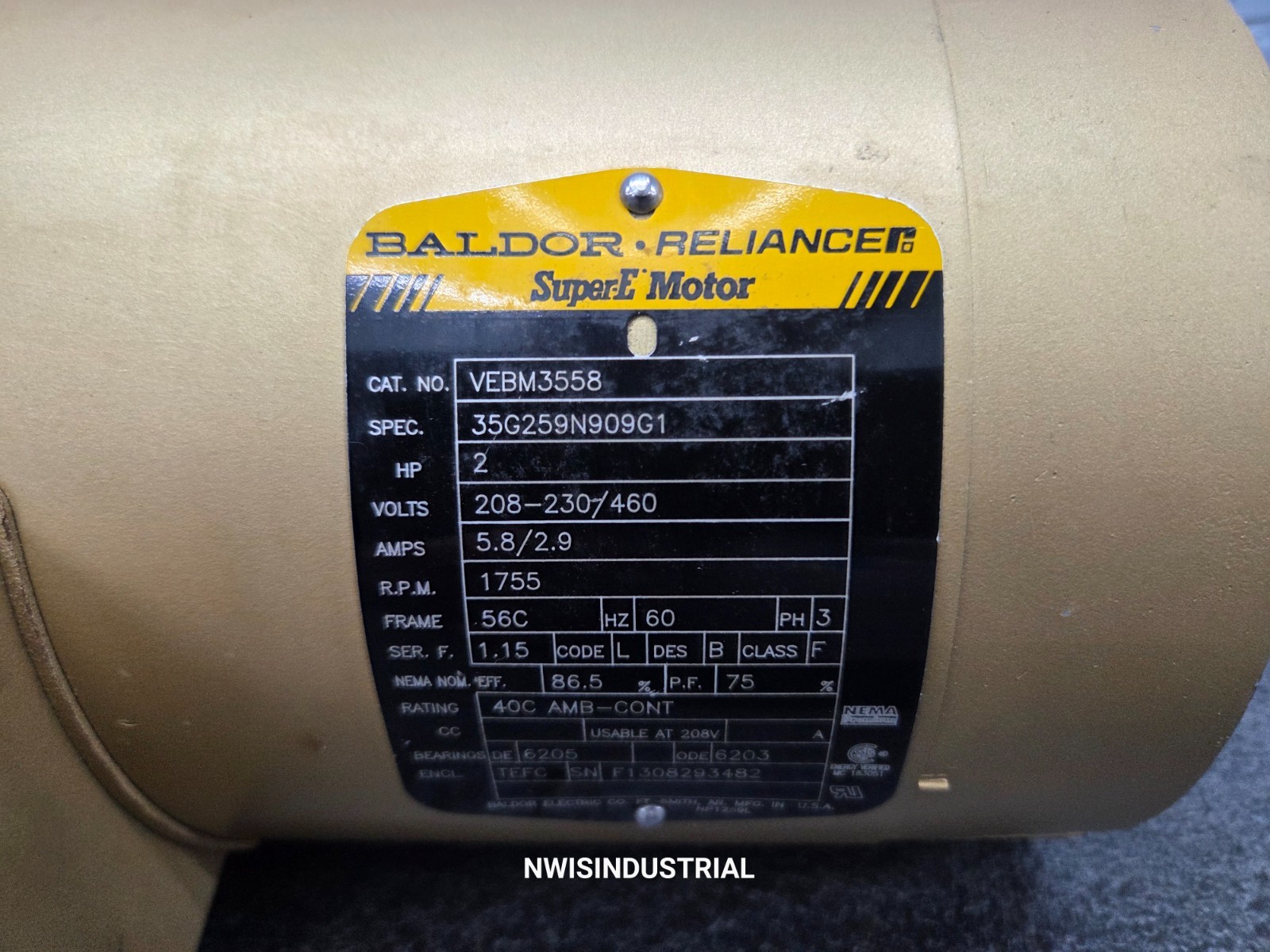 Baldor Brake Motor VEBM3558, 2 HP, 1755 RPM, 3PH, 208-230/460V, 56C