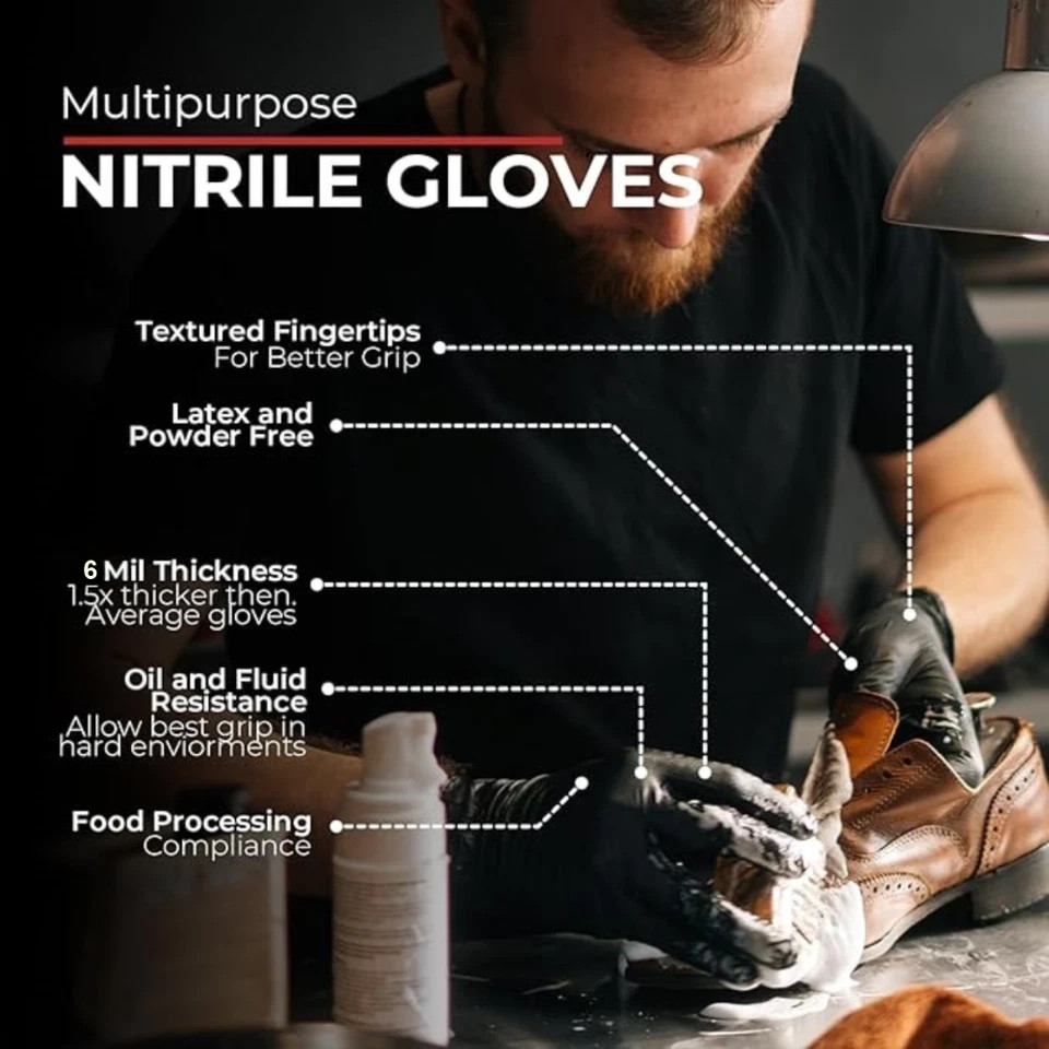 Heavy Duty 6 Mil Black Nitrile Gloves Powder-Free Latex-Free Disposable 1000 Pcs