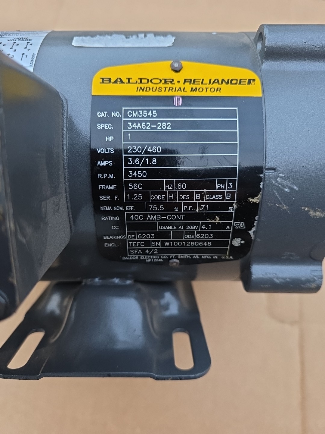 Baldor CM3545 AC Motor 3 Phase 56C TEFC 1Hp 3450rpm 60Hz 230/460V (Rebuilt)