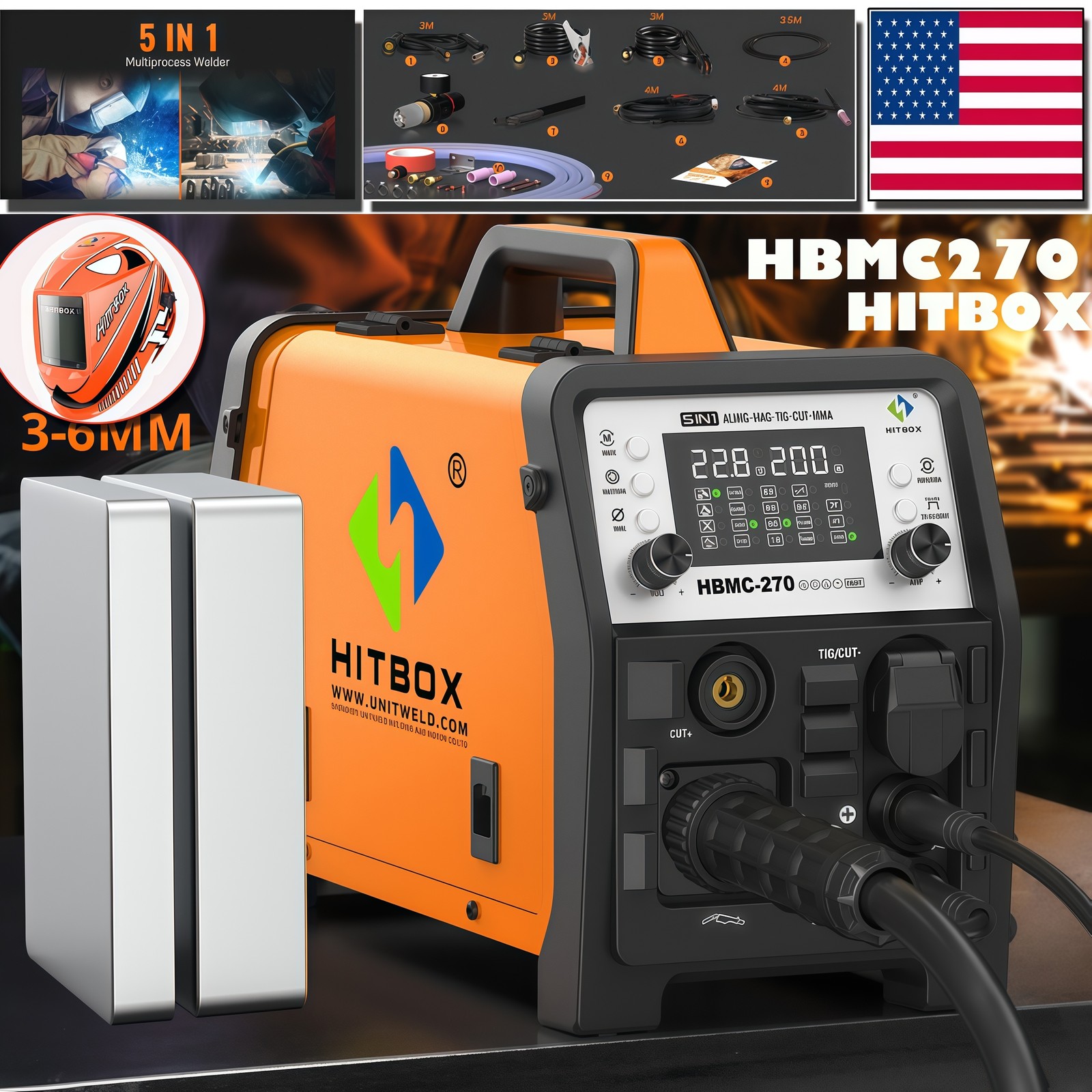 HITBOX 6in1 200A Aluminum Gas Gasless MIG TIG Stick Plasma Cutter Welder+Helmet