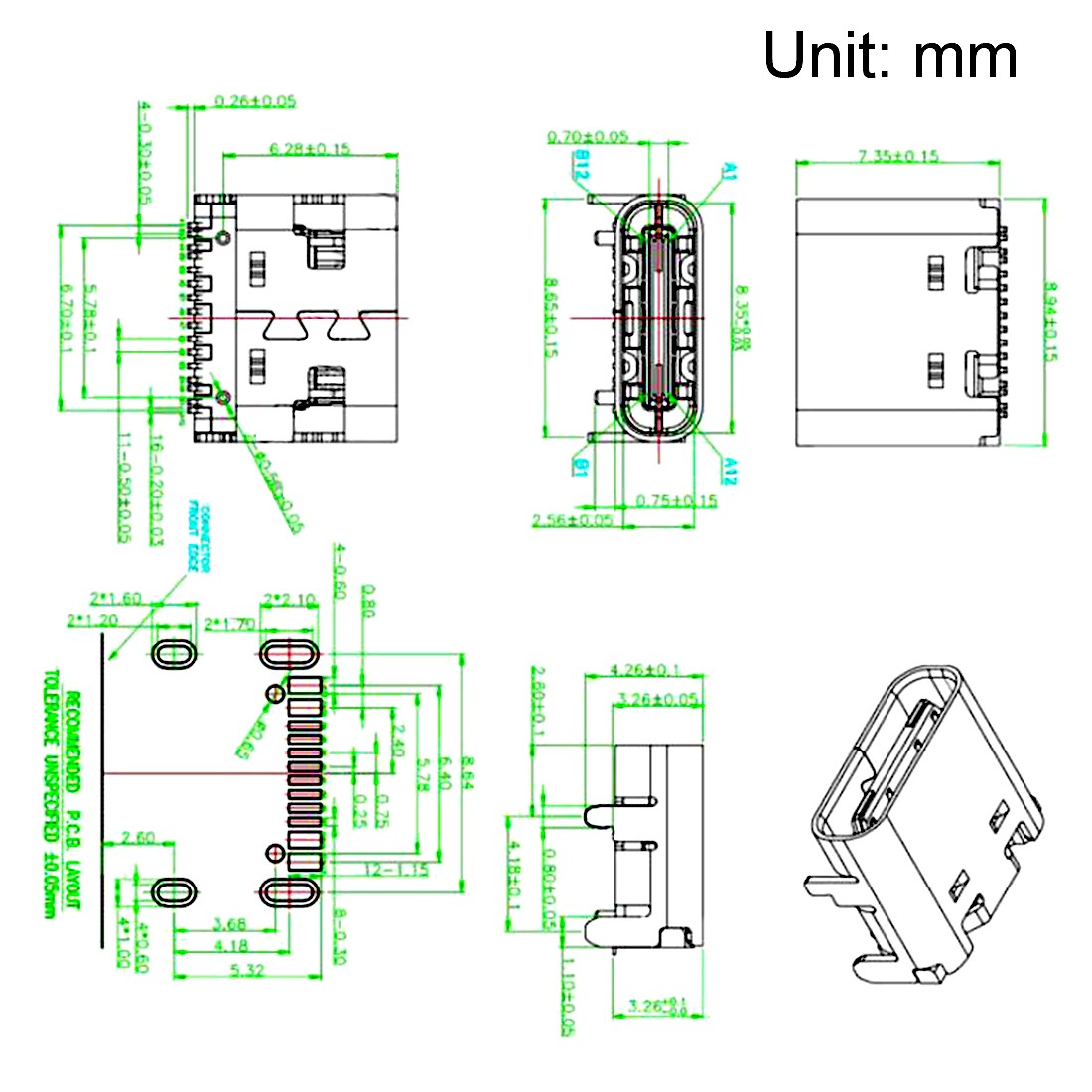5pcs PCB USB Connector Type-C 3.1 16Pin Female Jack Fast Charging Socket
