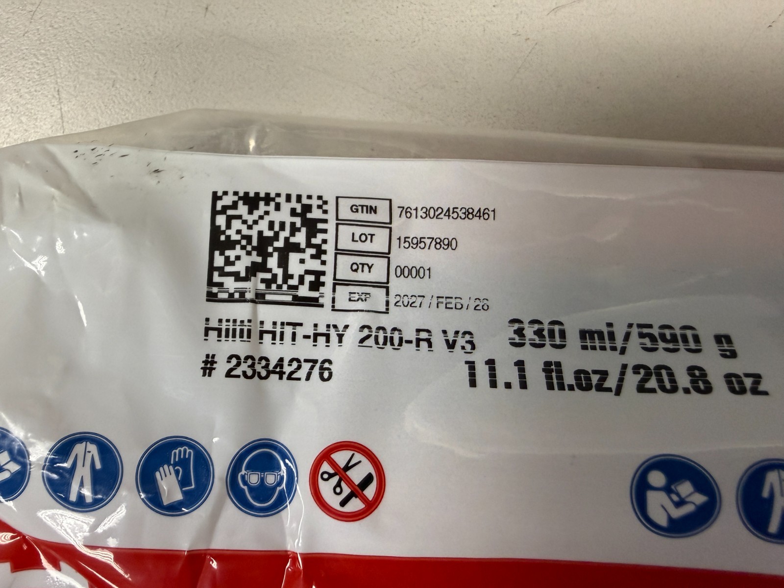 Hilti HIT-HY 200-R V3 Epoxy Adhesive 11.1 fl. oz. (2334276) Exp. 02/26/27