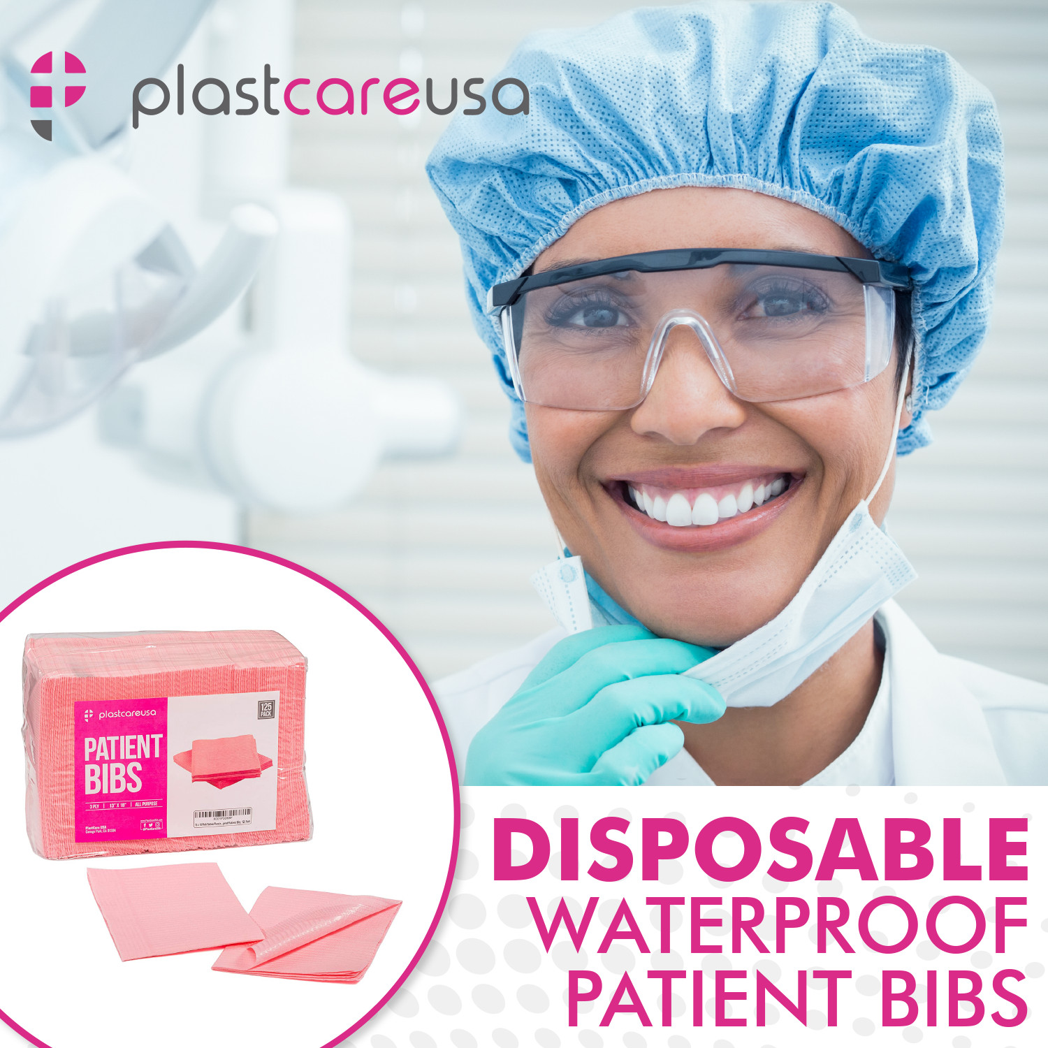 50 Hot Pink Fuchsia Disposable Dental Bibs, Tattoo Tray Nail Chair Paper Covers