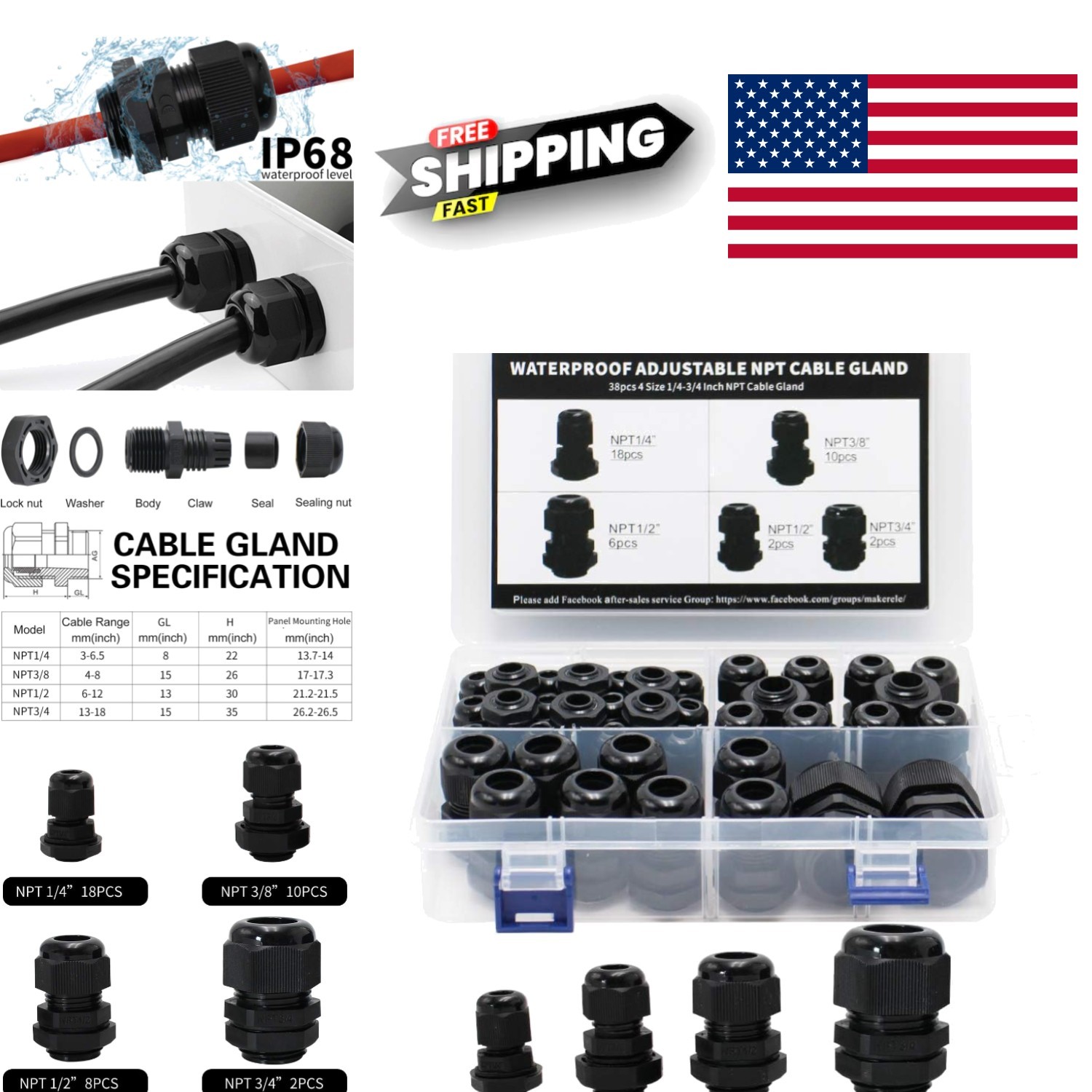 Versatile Nylon Cable Glands Kit 38pcs Waterproof for Indoor and Outdoor Use