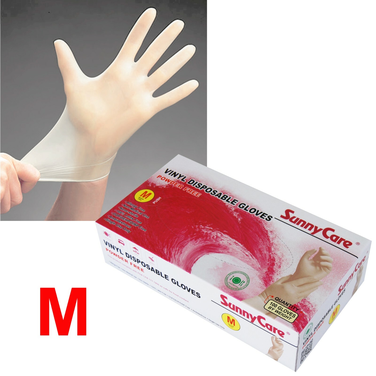 100 SunnyCare Powder Free Vinyl Gloves Food Service (Latex Nitrile Free) 🔥 M