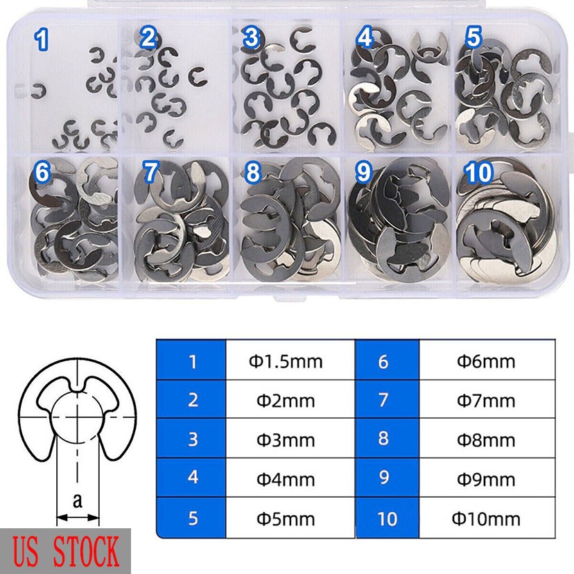 Stainless Steel 120Pcs E Clips C Circlip Kit Retaining Ring Assorted 1.5 to 10mm