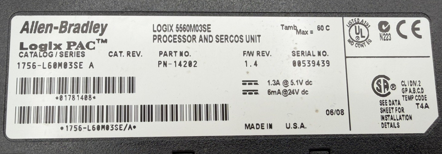 Rockwell Automation Allen Bradley Logix PAC 1256-L60M03SE Processor and SERCOS
