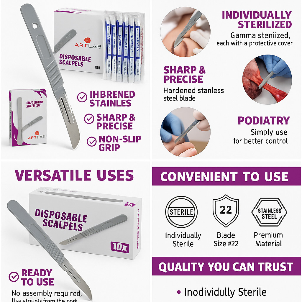 10 PK DISPOSABLE SCALPELS #22-SINGLE USE – DISSECTING, SURGICAL, DERMAPLANING