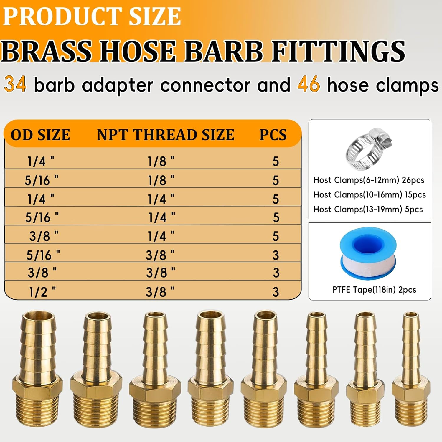 34Pcs Brass Hose Barb Fittings Kit – 3/16″, 1/4″, 5/16″, 3/8″, 1/2″ Barb to 1/8″