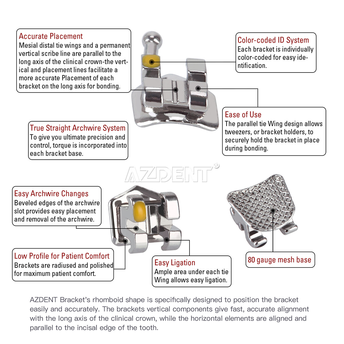 AZDENT Dental Ortho Metal Brackets Mini/Standard Roth/MBT 018/022 Hooks 3/3 4 5
