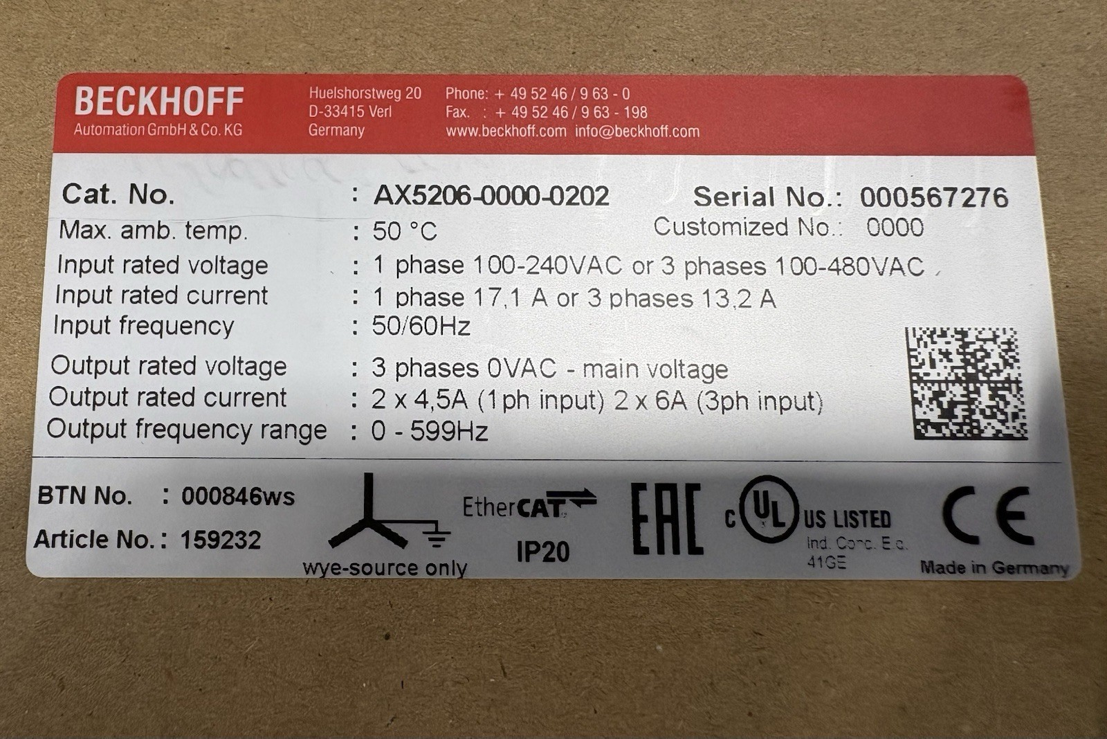 Beckhoff AX5206-0000-0202 Digital Compact Servo Drive, 2-Channel, 3PH 100-480VAC