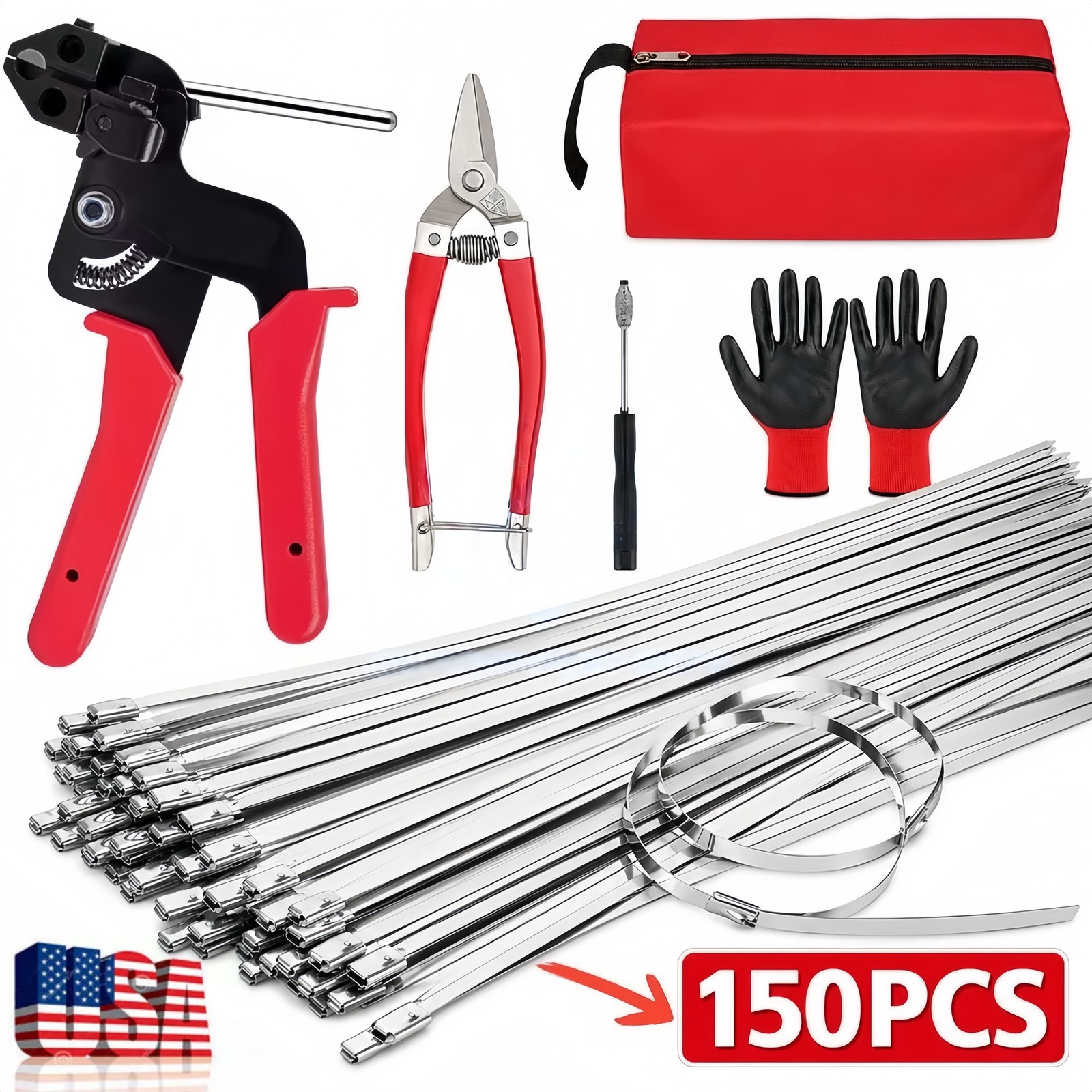 Cable Tie Tool Gun Kit Stainless Steel Zip Tie Cutter + 150 pcs Metal Zip Ties✅
