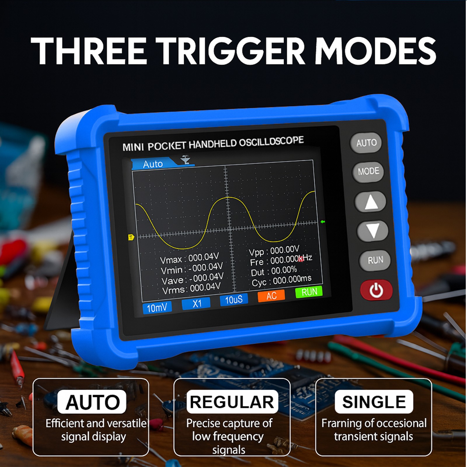 Handheld Digital Oscilloscope, 500kHz Bandwidth, 2.5MS/s, 2.8″ LCD, Auto Setup