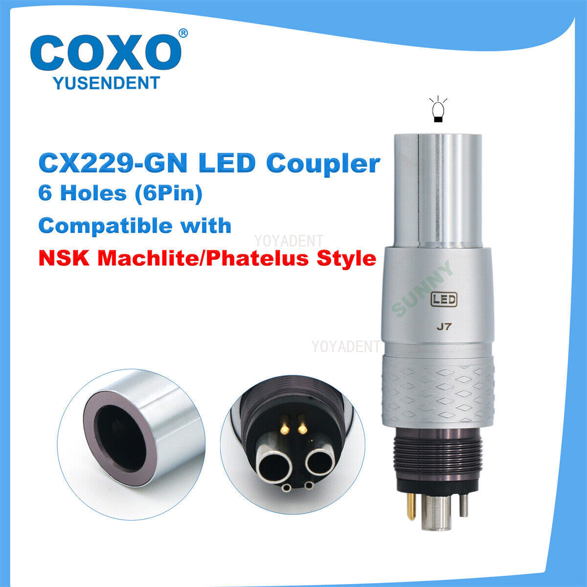 COXO Dental Turbine Fiber Optic High Speed Handpiece LED Coupler 6 Pin Fit KAVO