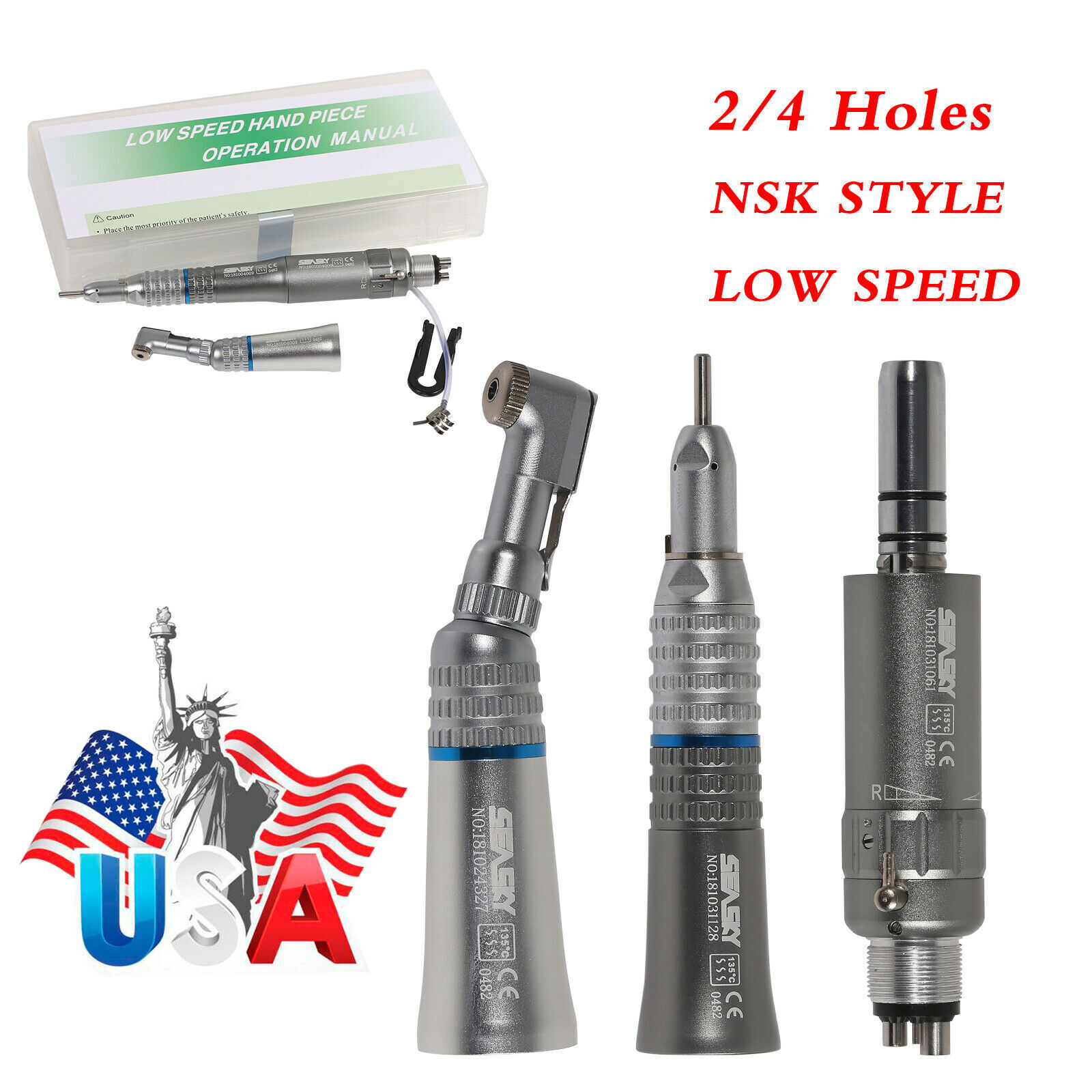 NSK Style Dental Latch/Push Slow Speed Handpiece Contra Angle Air Motor 2/4Holes