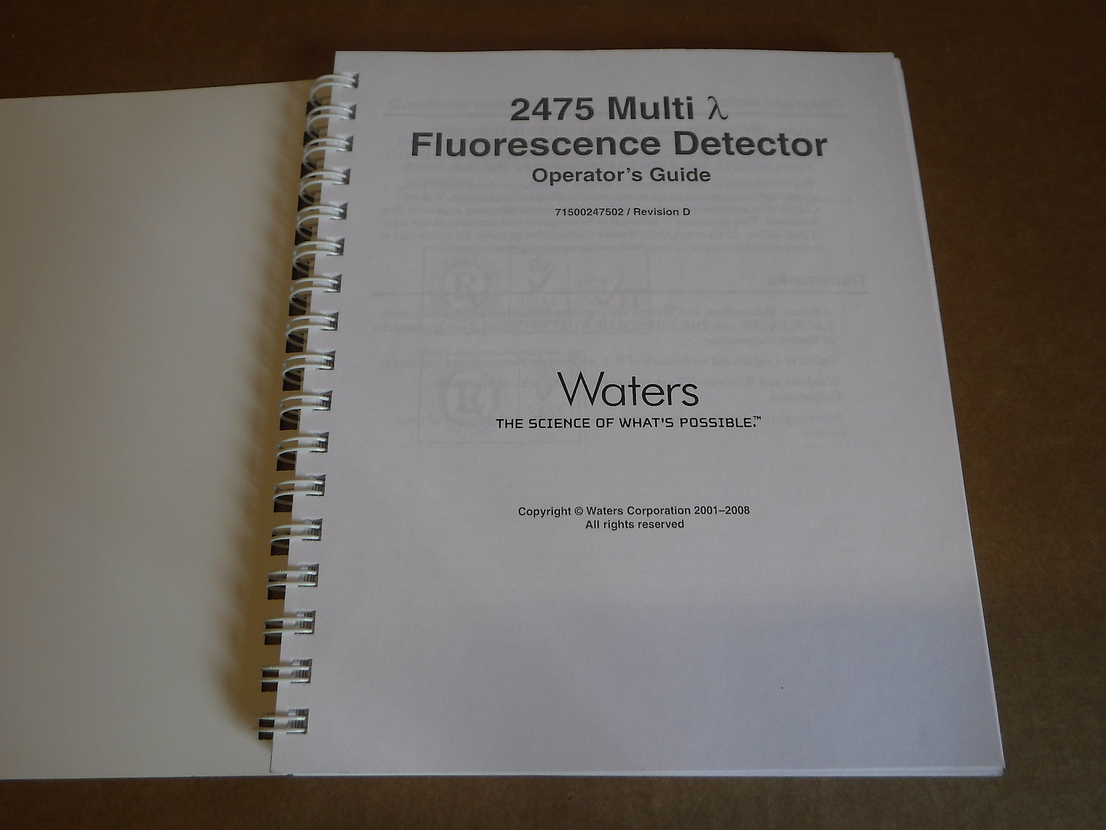 Waters Millipore Corporation Guide Fluorescence Detector Operations Guide 2475