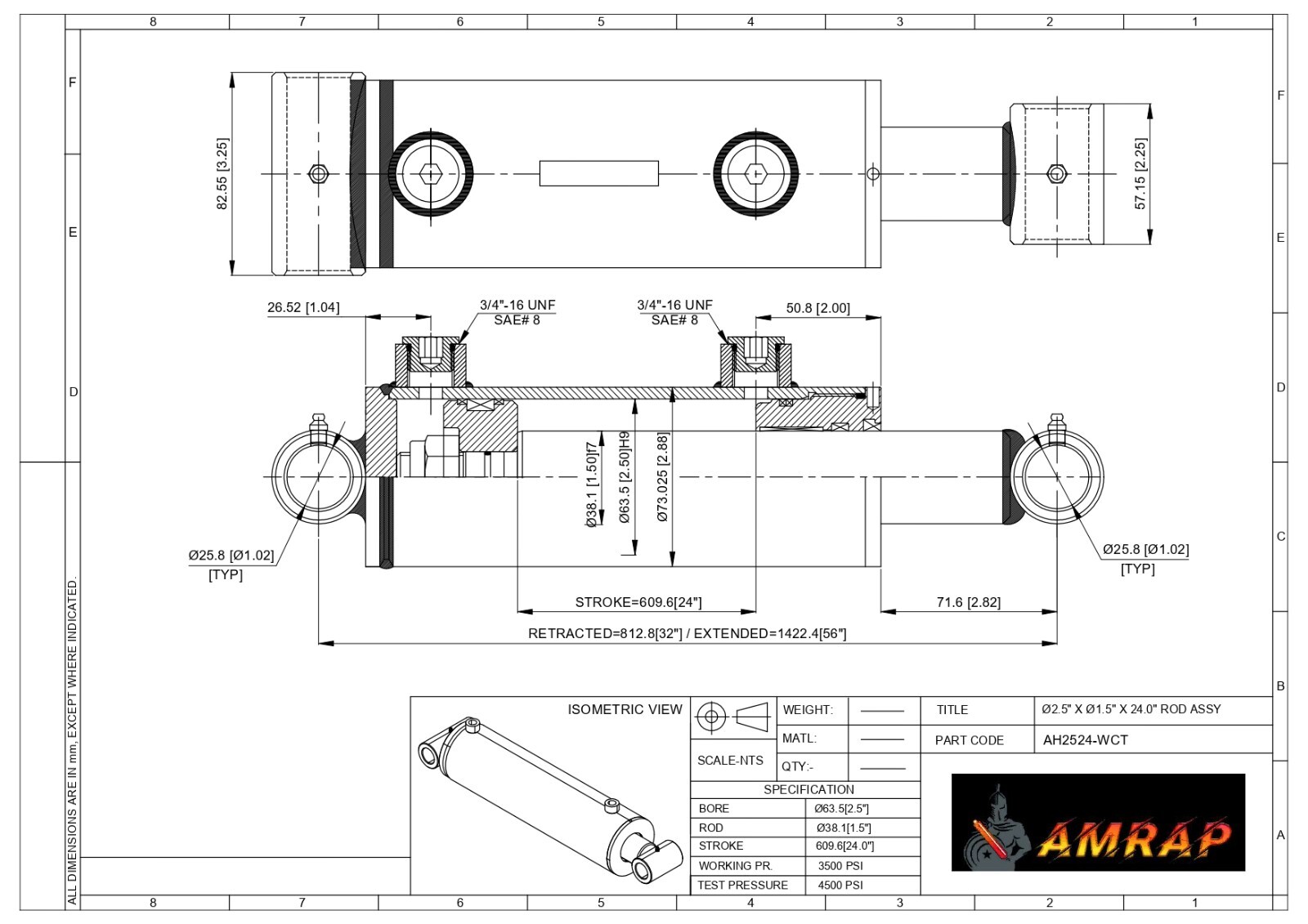 2.5×24 Hydraulic Cylinder-2.5″ Bore, 24″ Stroke -Welded Cross Tube Cylinder(new)
