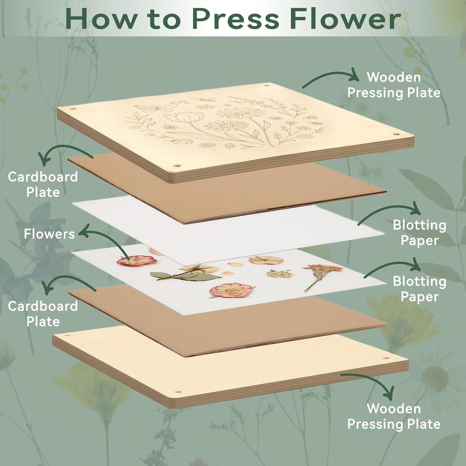 Flower Press Kit for Adults, 11″ X 11″ Large Wooden 10-Layer Press for DIY Flora