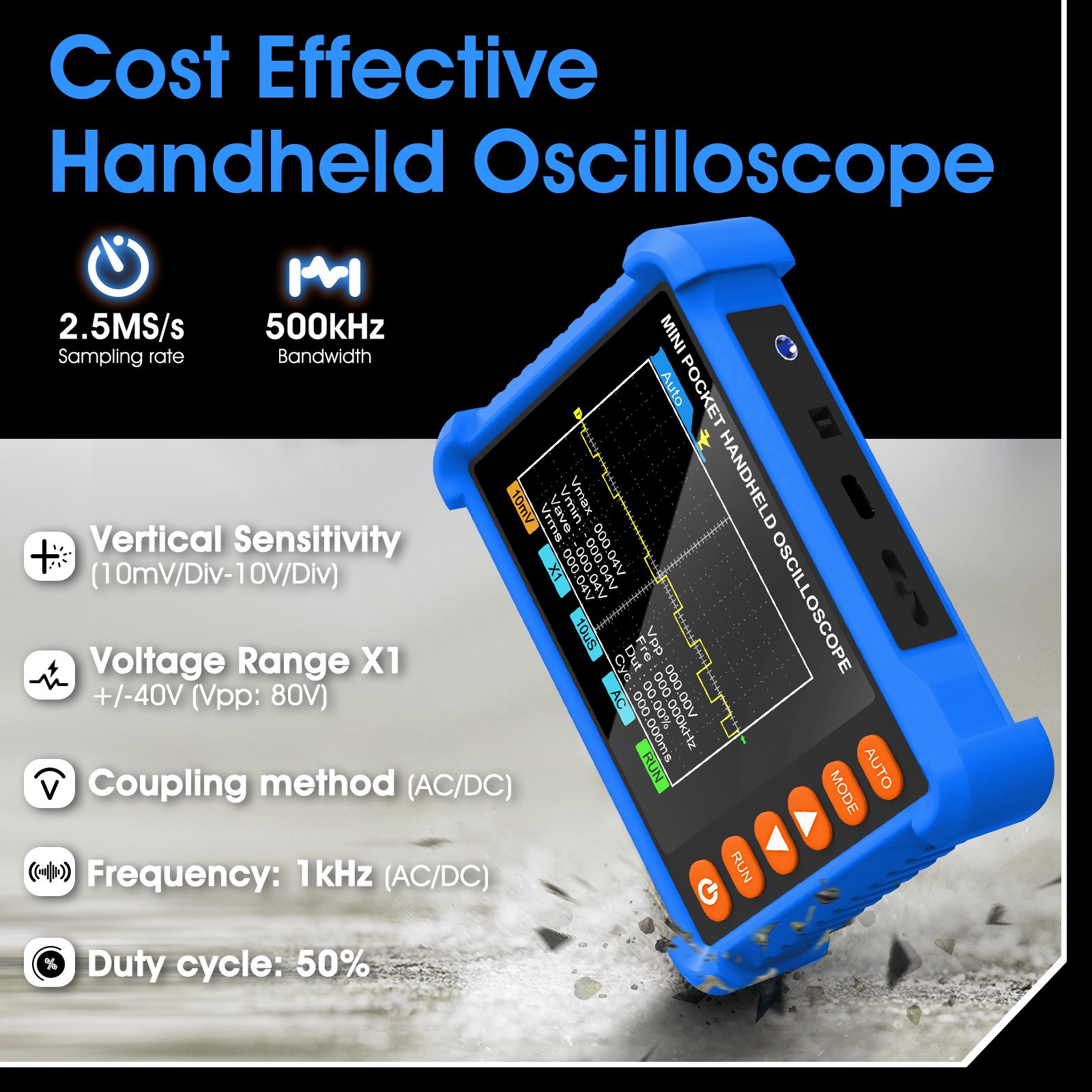 Portable Oscilloscope Kit – 250kHz, Handheld w/ Probe, Lithium Battery, AUTO Set
