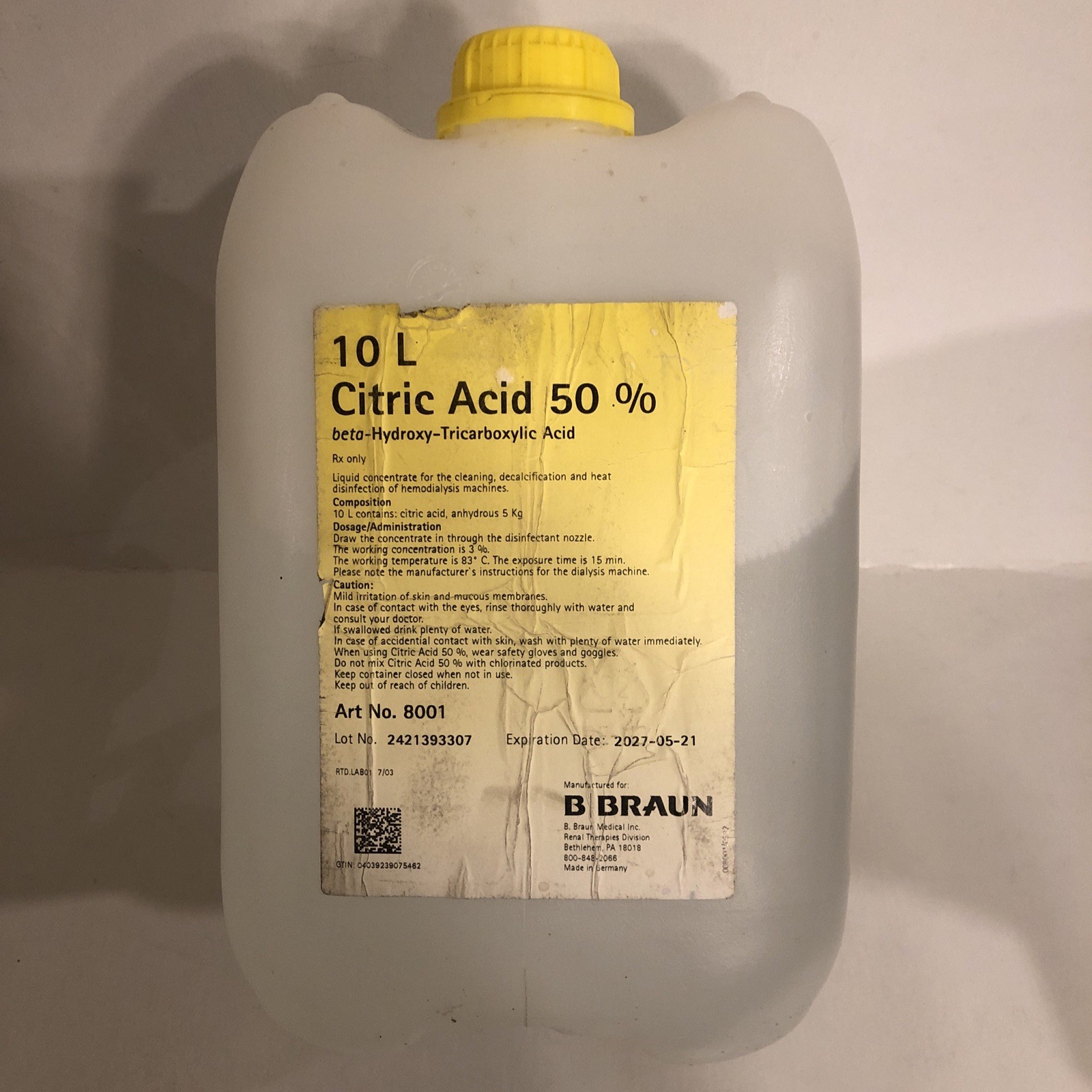New – Braun Citric Acid 50% – 10 Liters – 08021-0002-86