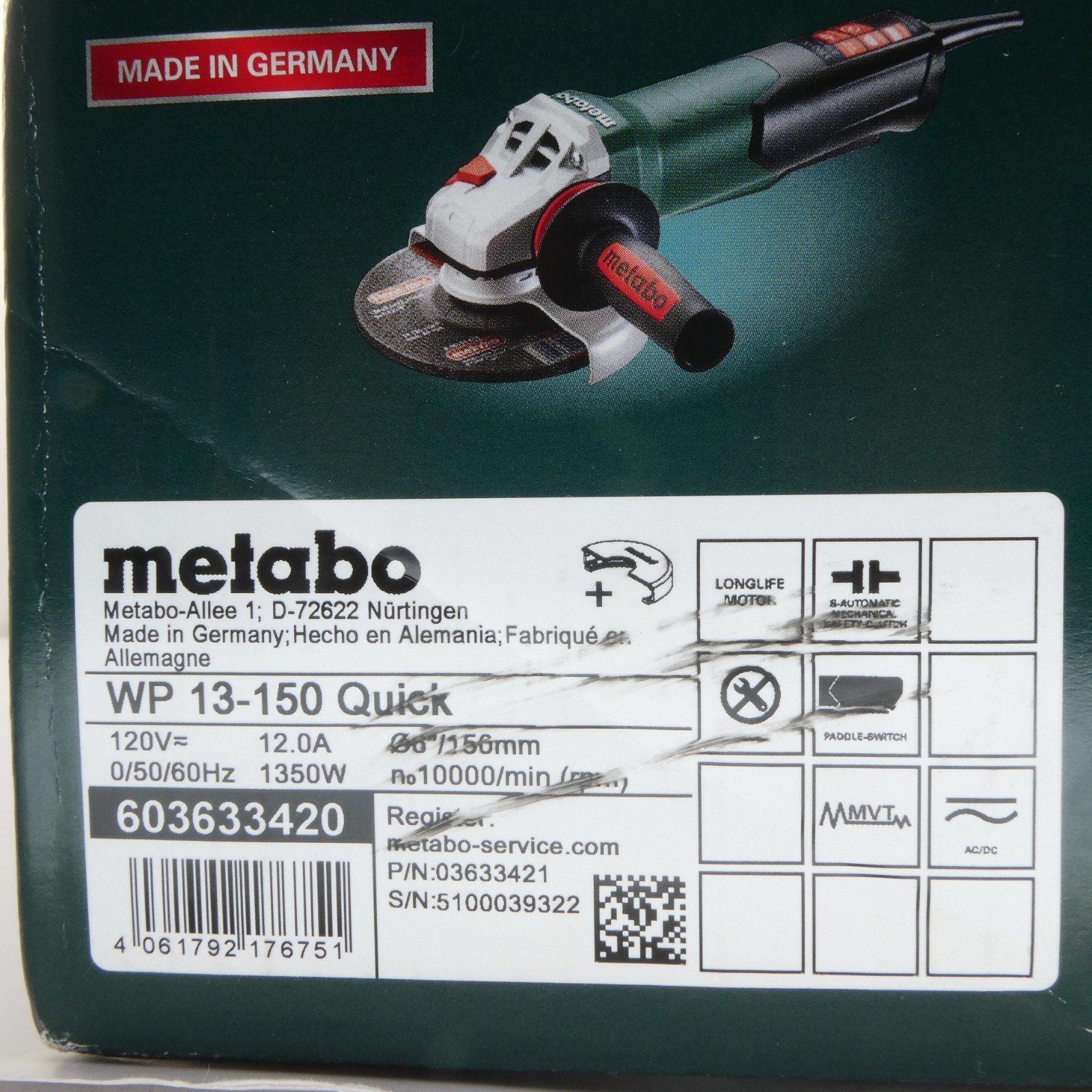 Metabo 6-Inch Angle Grinder, 10,000 RPM, 12 Amp, Non-locking Paddle Switch, M…