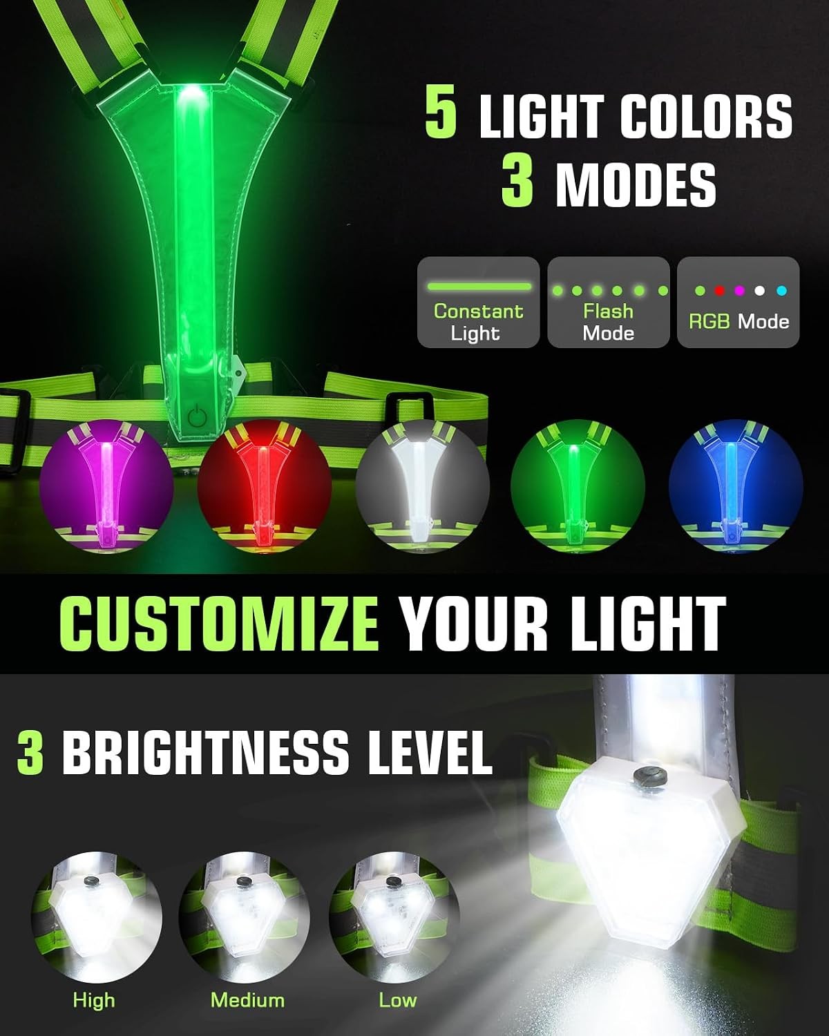 LED Reflective Vest with Light Green Chest 500LM High Visibility Safety Jacket