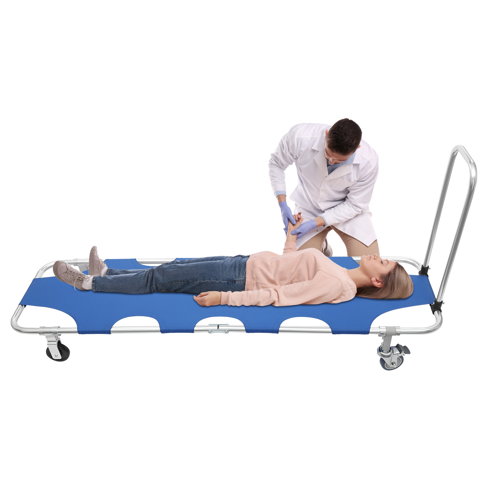 350lbs Folding Stretcher for Medical Emergency with Trolley 4 Wheels & Straps