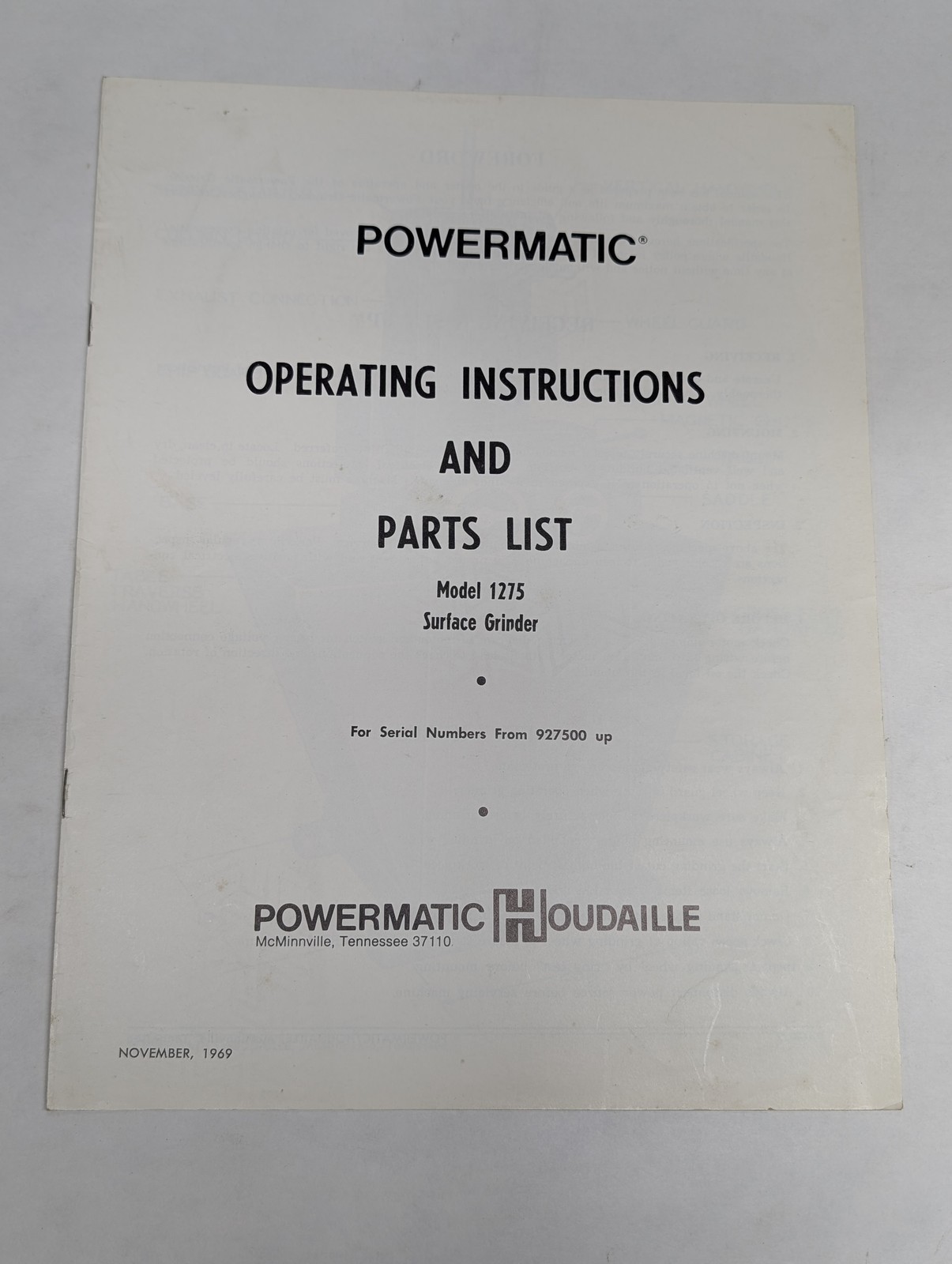 POWERMATIC OPERATING INSTRUCTION MANUAL PARTS LIST MODEL 1275 SURFACE GRINDER