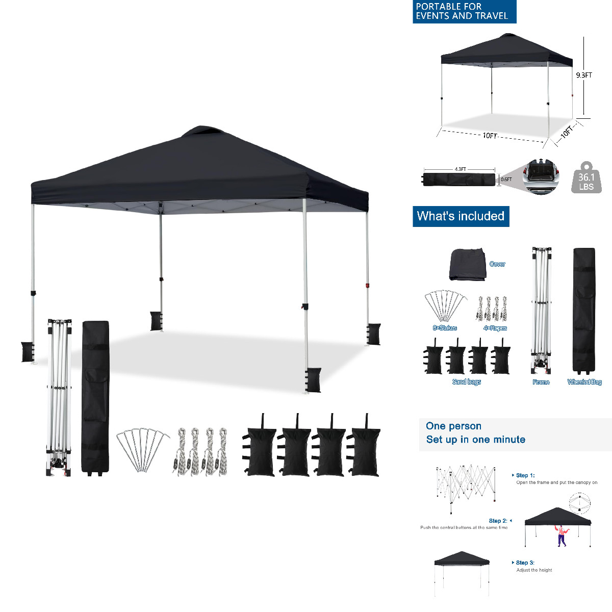 Vingli 10X10 Pop Up Canopy Tent Sandbags Rolling Bag Portable Instant Party