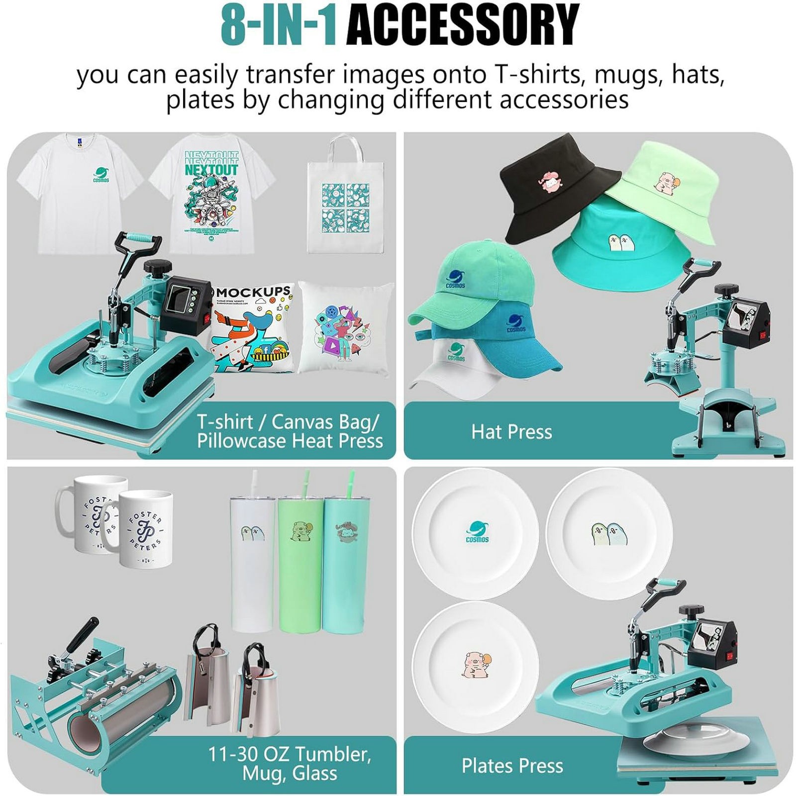 Combo 8 IN 1 T-Shirt Heat Press Transfer Machine 15″x15″ Sublimation Swing Away