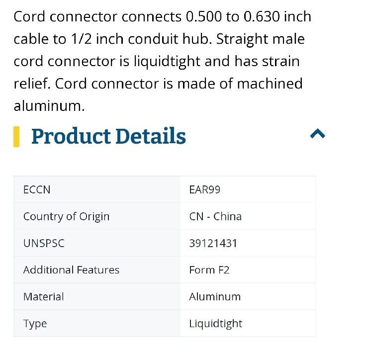 Strain Relief Cord Connector, Male, Liquid Tight, 0.5 to 0.63 in., 1/2 in.