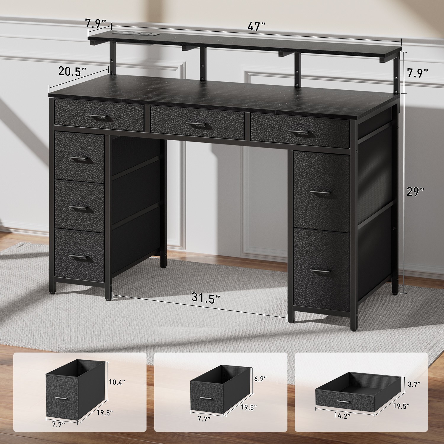 47 inch Computer Desk with 8 Drawers & Power Outlets, Home Office Desk with LED