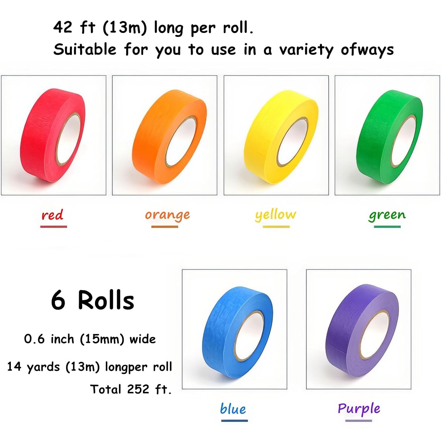 6 Rolls Colored Masking Tape，colored Red, orange, yellow, green, blue, purple