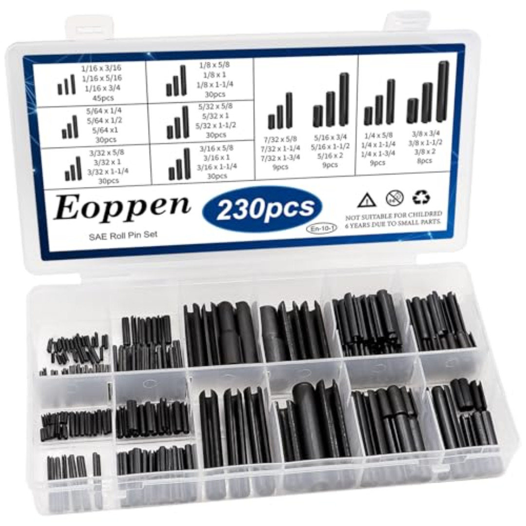 230Pcs SAE Roll Pin Assortment Set – Slotted Spring Pins Steel Split Expansion P