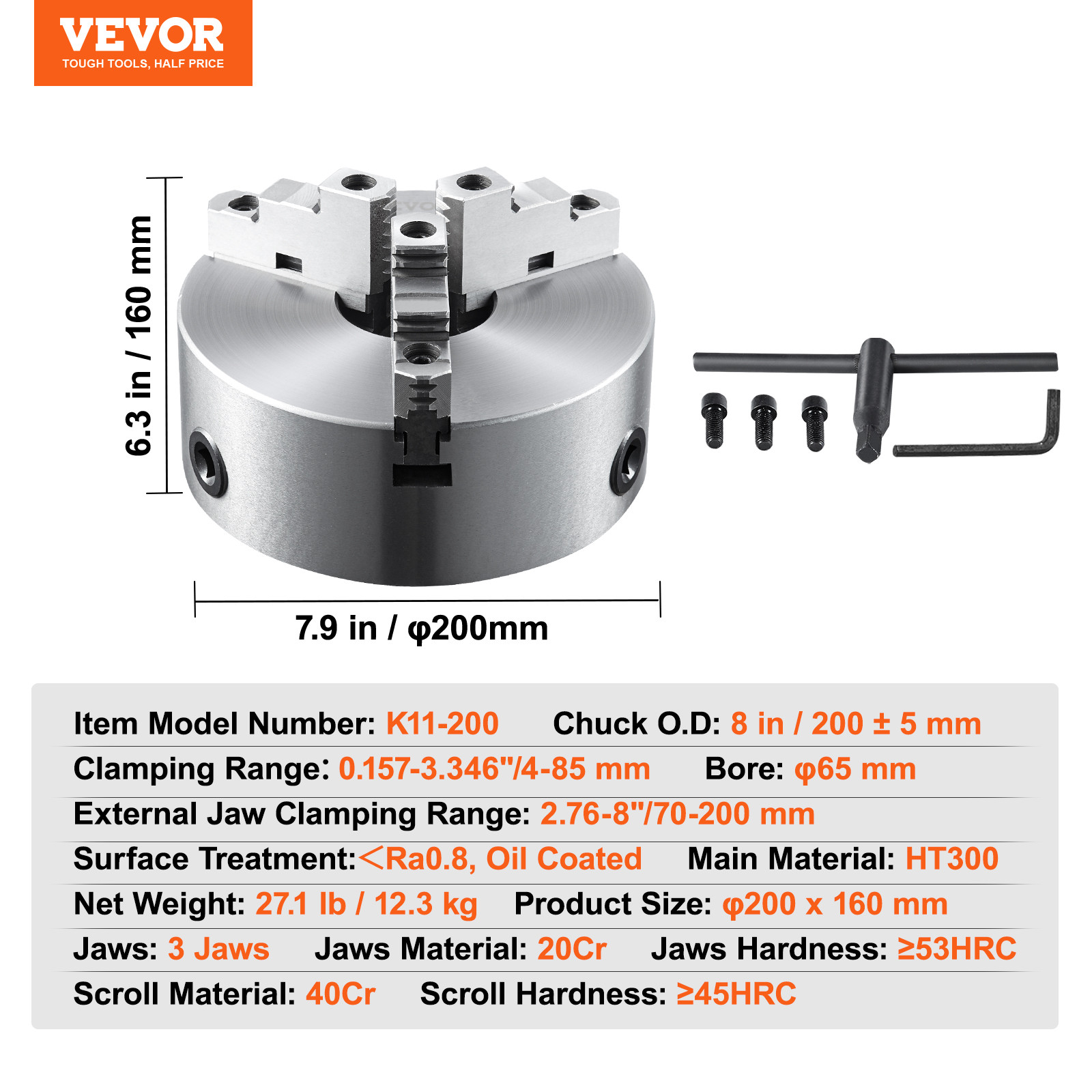 VEVOR 8” 3-Jaw Lathe Chuck Self-Centering Lathe Chuck for Grinding Drilling