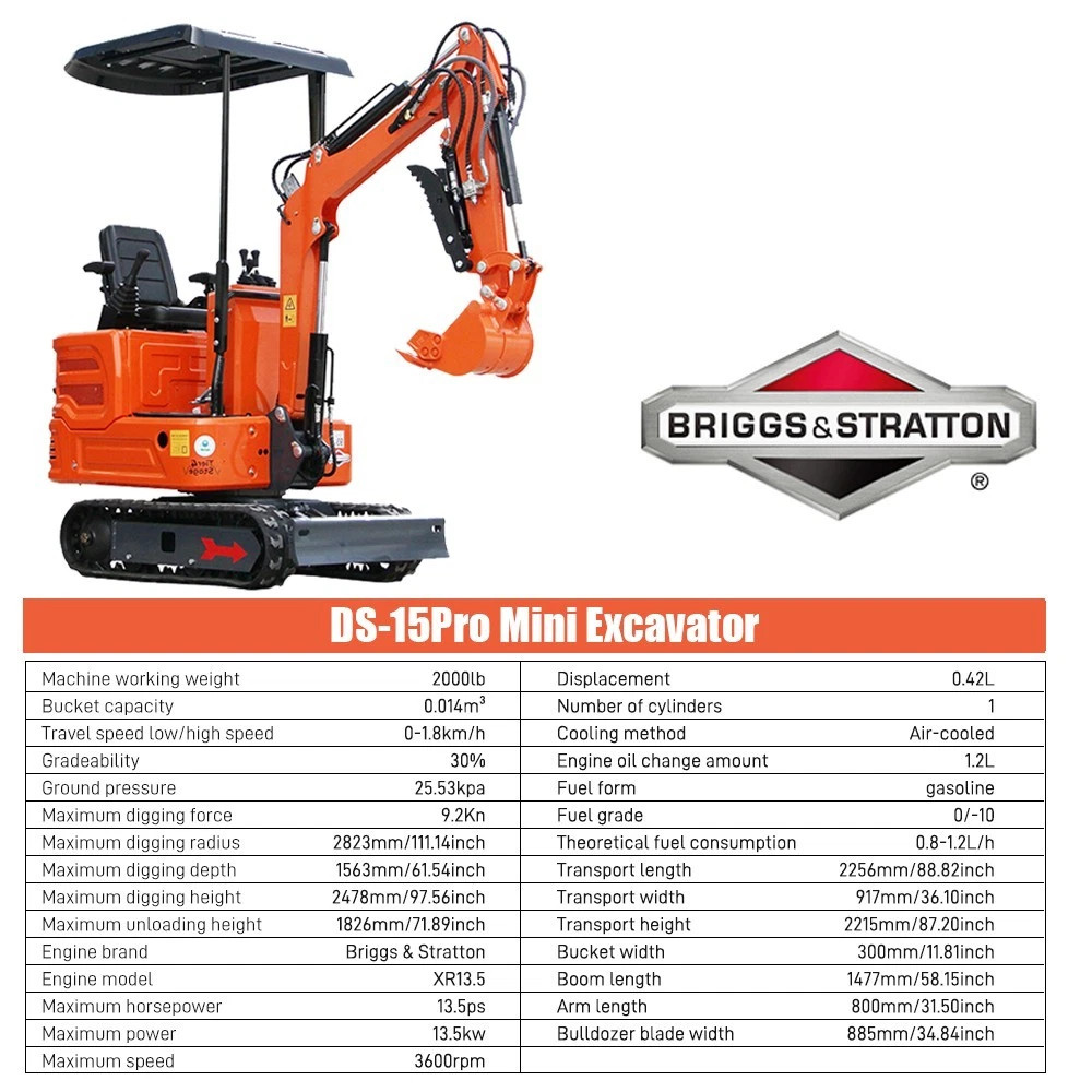 13.5HP 1 TON Mini Excavator B&S EPA Engine Hydraulic Thumb Digger, Free Shipping