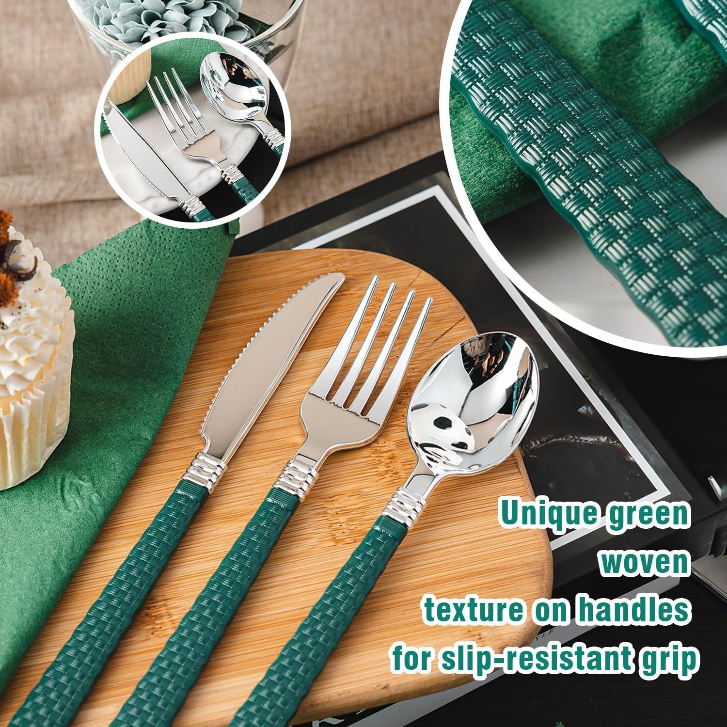 90pcs Silver and Green Disposable Silverware Set, Elegant Plastic Silverware