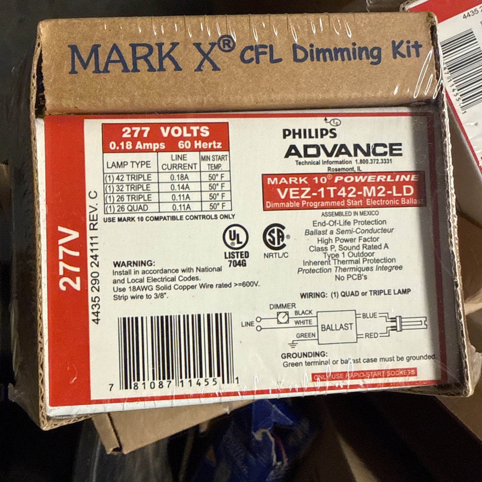 Phillips ADVANCE VEZ-1T42-M2-LD Dimming Ballast (1) Lamp 42W 32W 26W CFL 277V