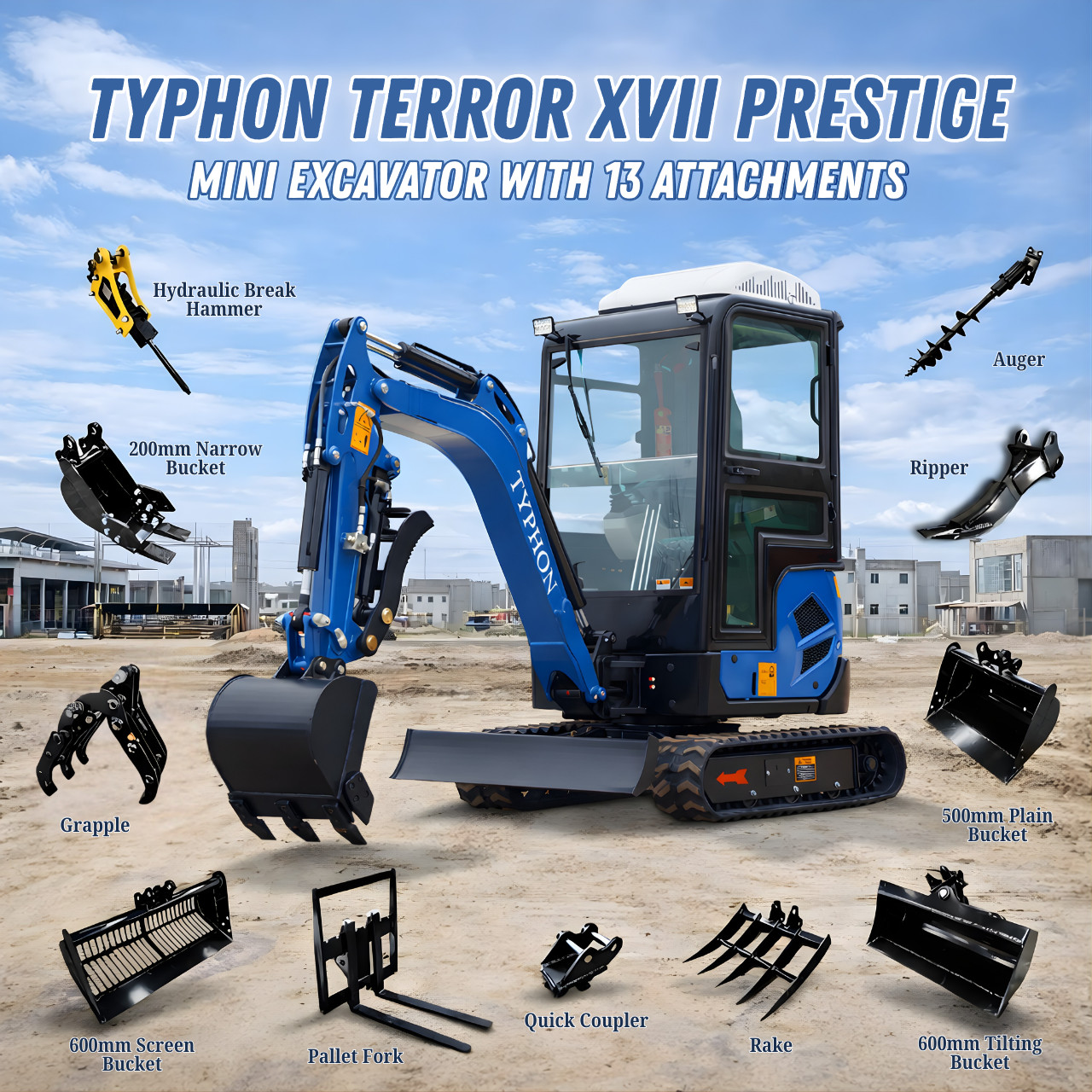 TYPHON TERROR XVII Cabin Mini Excavator 4000lb Kubota D902 with 13 Attachments
