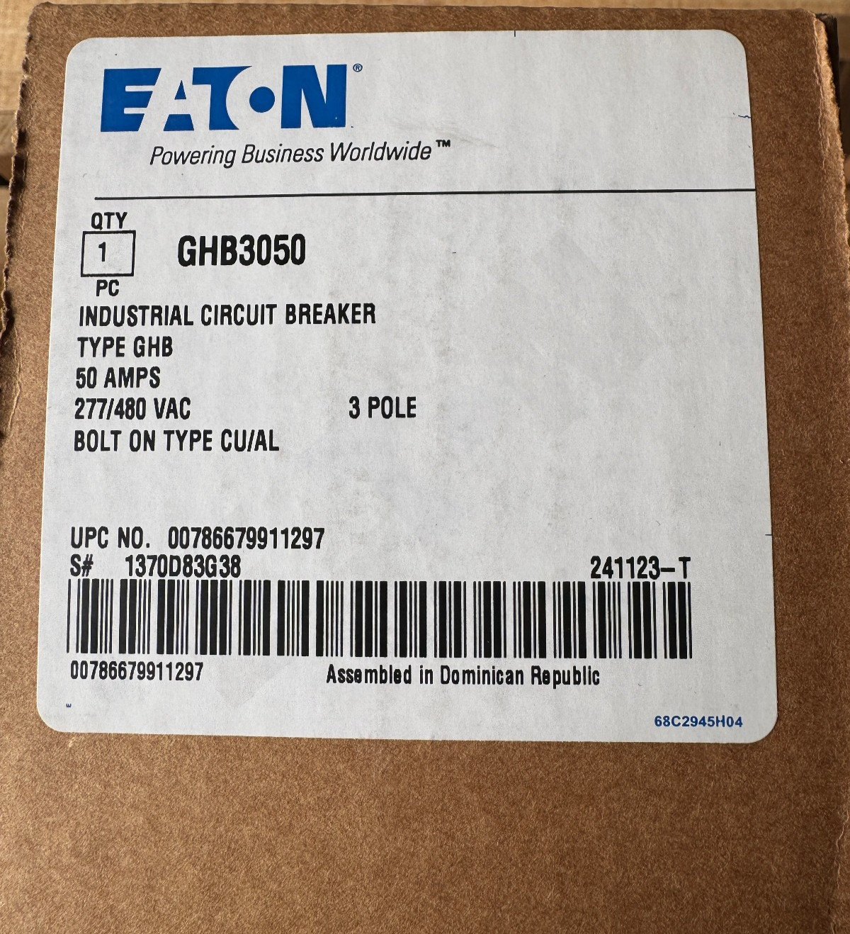 Eaton GHB3050 Bolt-on Circuit Breaker 3P 50A 277/480V 65KA New in Factory Box