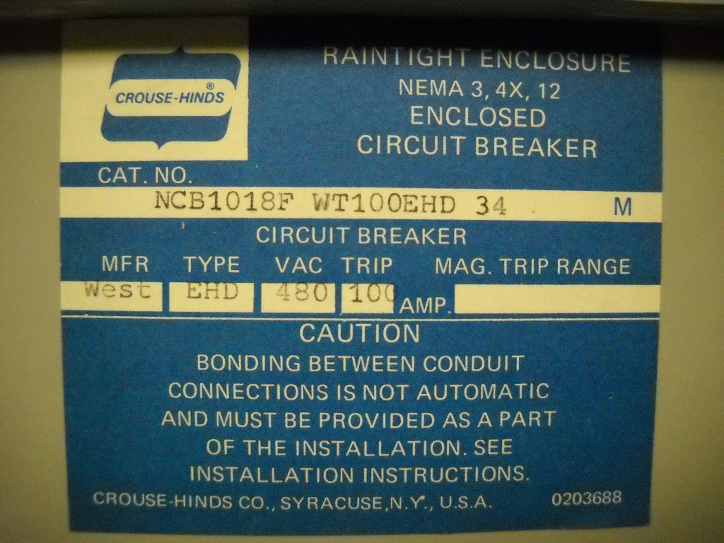 CROUSE HINDS/WESTINGHOUSE NCB1018F WT100EHD 100A RAINTIGHT ENCLOSURE ASSEMBLY