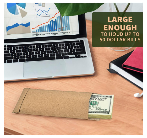 100 Pack Kraft Cash Envelopes for Budgeting, 6.7 x 3.5 Inch Large Pack