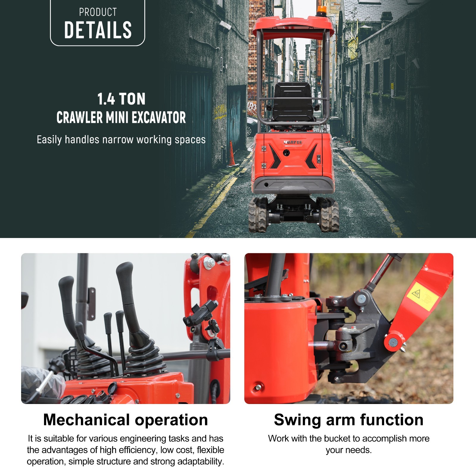HUAYEE Mini Excavator 1.4Ton Digger 13.5HP Gas Engine EPA Hydraulic Thumb Clip