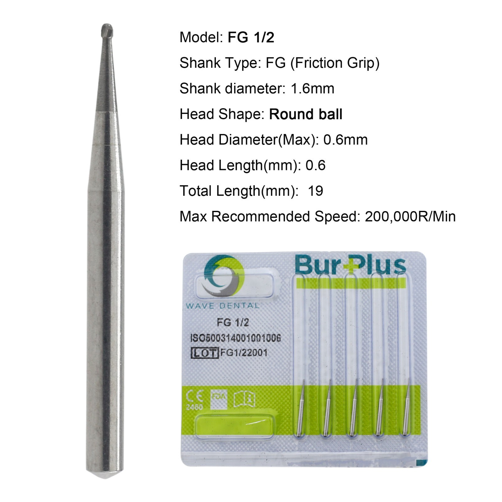 Wave Dental Surgical Burs 25mm Carbide Burs Friction Grip FG 19mm Round Pear 330